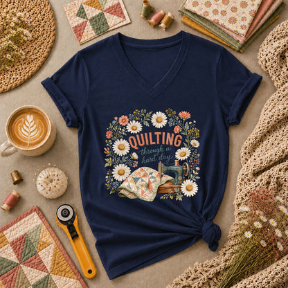 Quilting Through A Hard Day Women's V-Neck - Navy