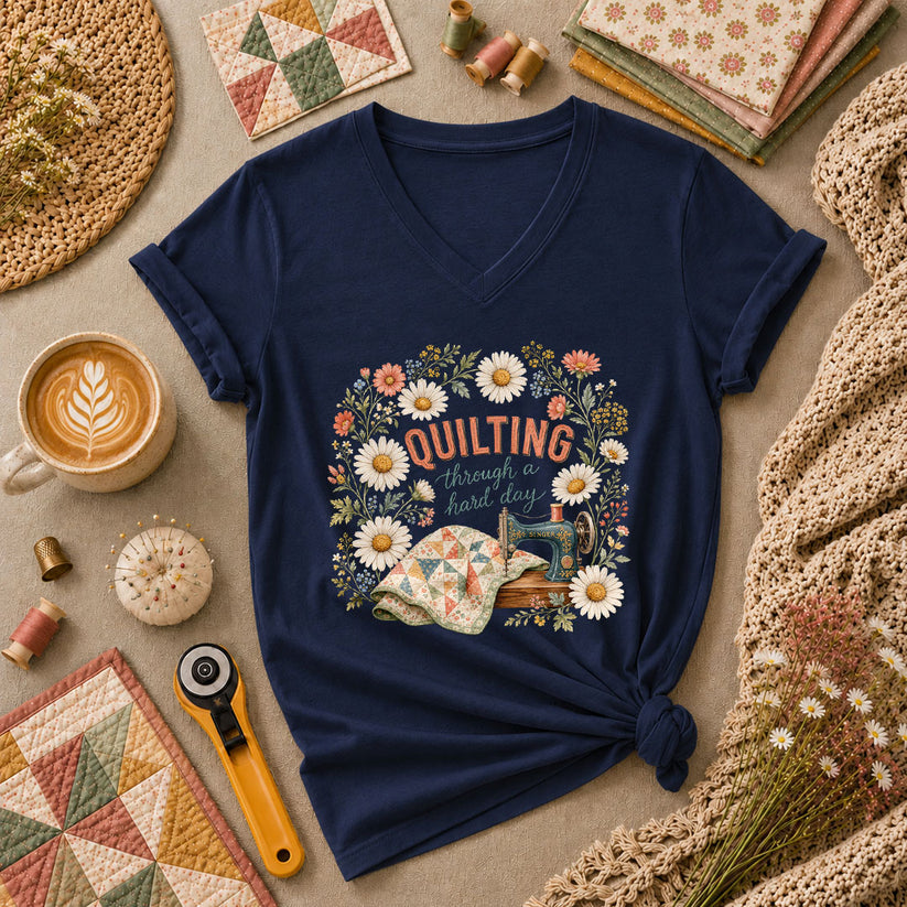 Quilting Through A Hard Day Women's V-Neck - Navy