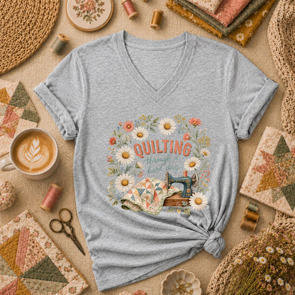 Quilting Through A Hard Day Women's V-Neck - Sport Grey