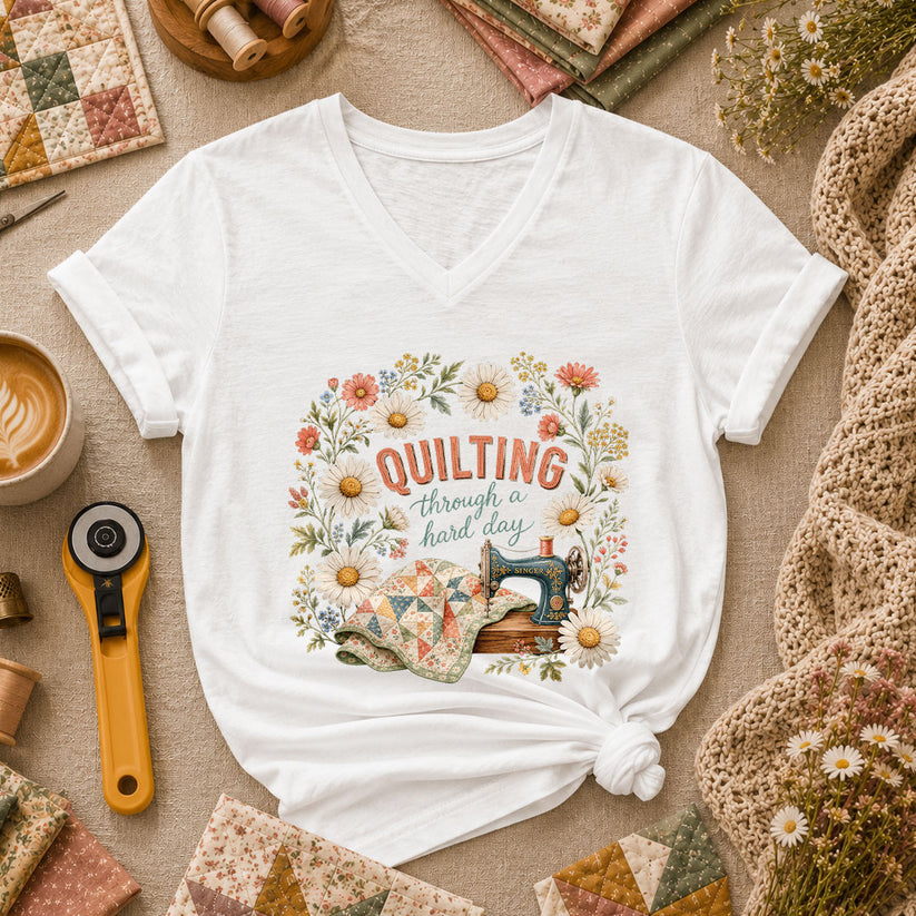 Quilting Through A Hard Day Women's V-Neck - White