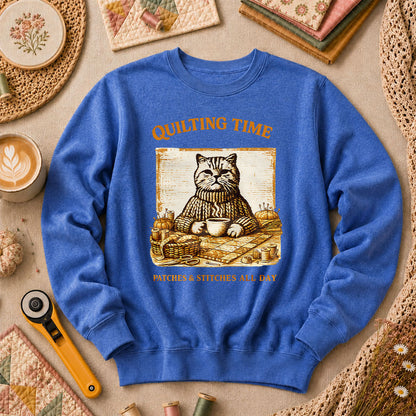 Quilting Time Patches And Stitches All Day Long Sleeve - Heather True Royal
