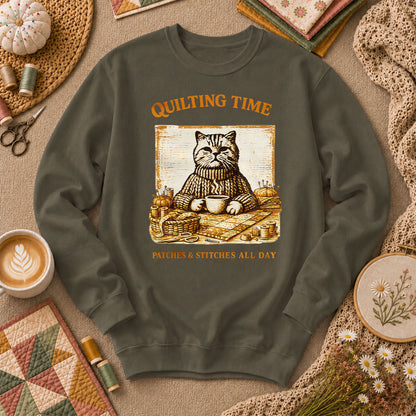 Quilting Time Patches And Stitches All Day Long Sleeve - Military Green