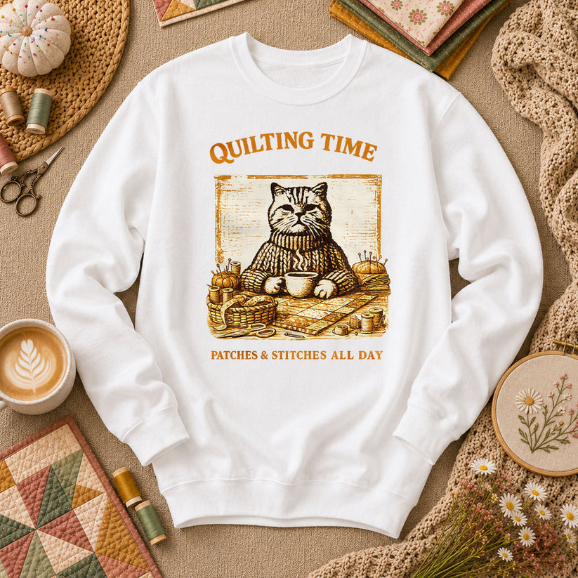 Quilting Time Patches And Stitches All Day Long Sleeve - White