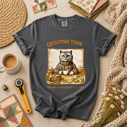 Quilting Time Patches And Stitches All Day T-Shirt - Grey