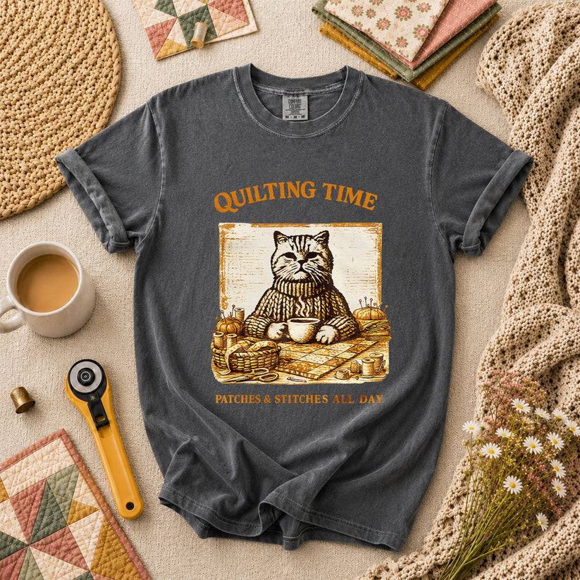 Quilting Time Patches And Stitches All Day T-Shirt - Grey