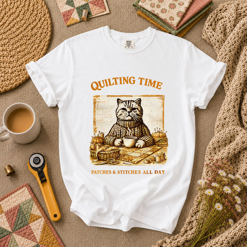 Quilting Time Patches And Stitches All Day T-Shirt - White