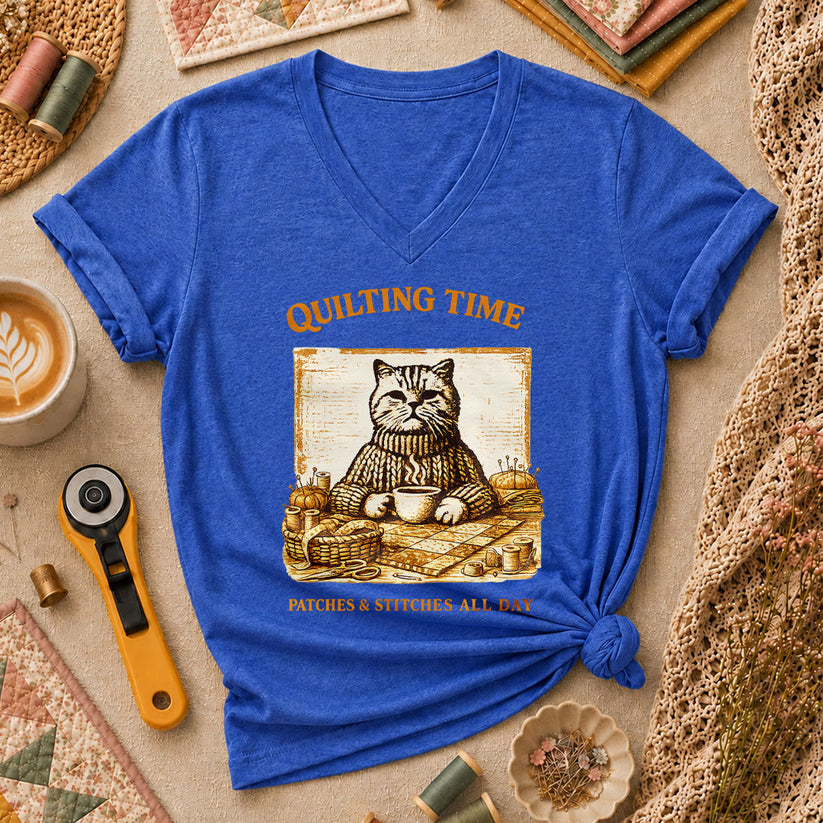 Quilting Time Patches And Stitches All Day Women's V-Neck - Heather True Royal