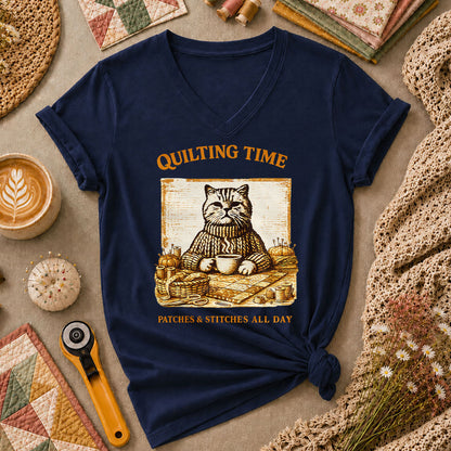 Quilting Time Patches And Stitches All Day Women's V-Neck - Navy