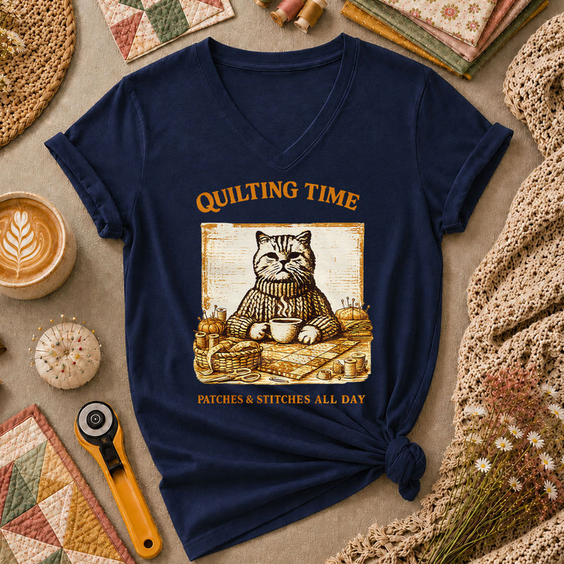 Quilting Time Patches And Stitches All Day Women's V-Neck - Navy