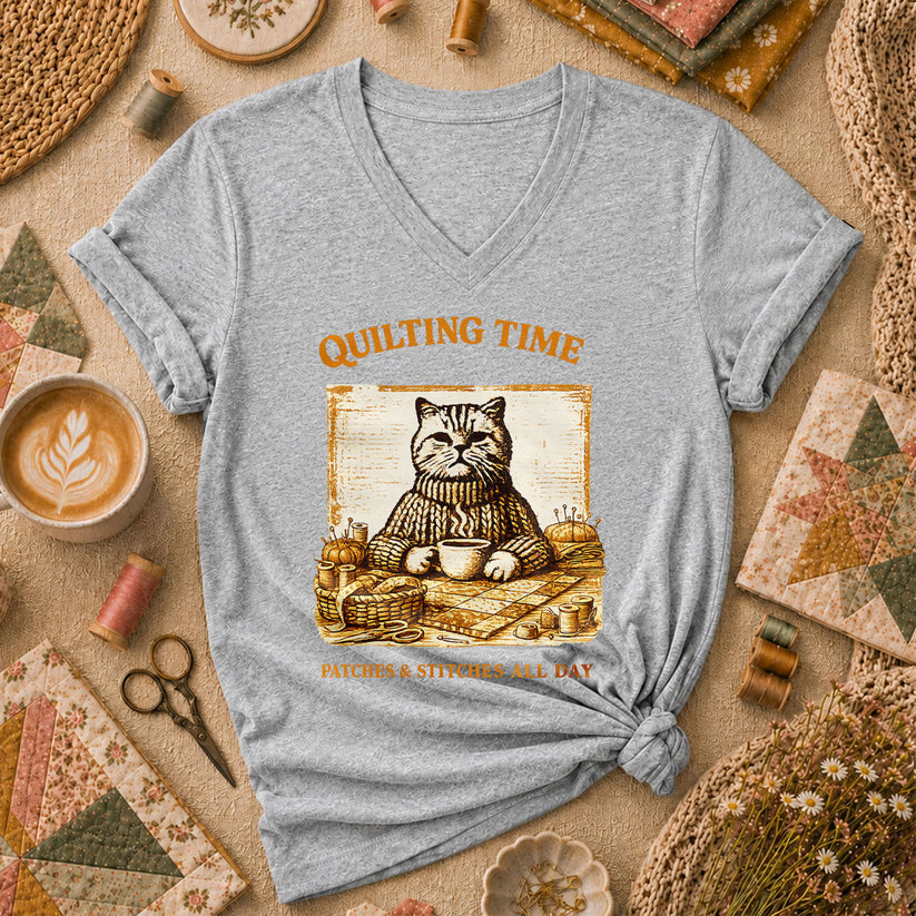 Quilting Time Patches And Stitches All Day Women's V-Neck - Sport Grey