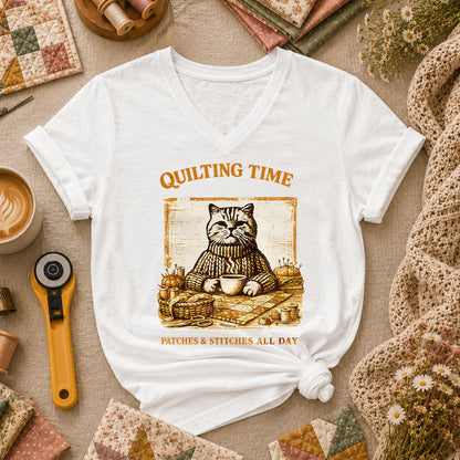 Quilting Time Patches And Stitches All Day Women's V-Neck - White