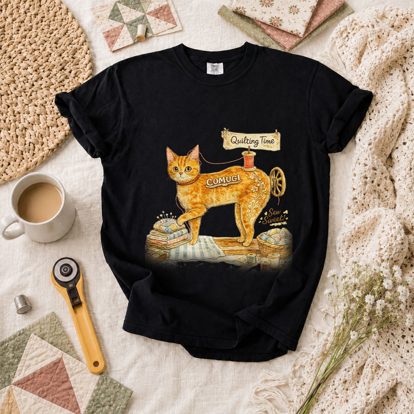 Quilting Time Sew Sweet Cat Machine T-Shirt - Black