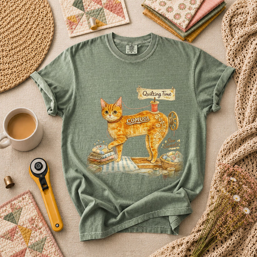 Quilting Time Sew Sweet Cat Machine T-Shirt - Forest Green