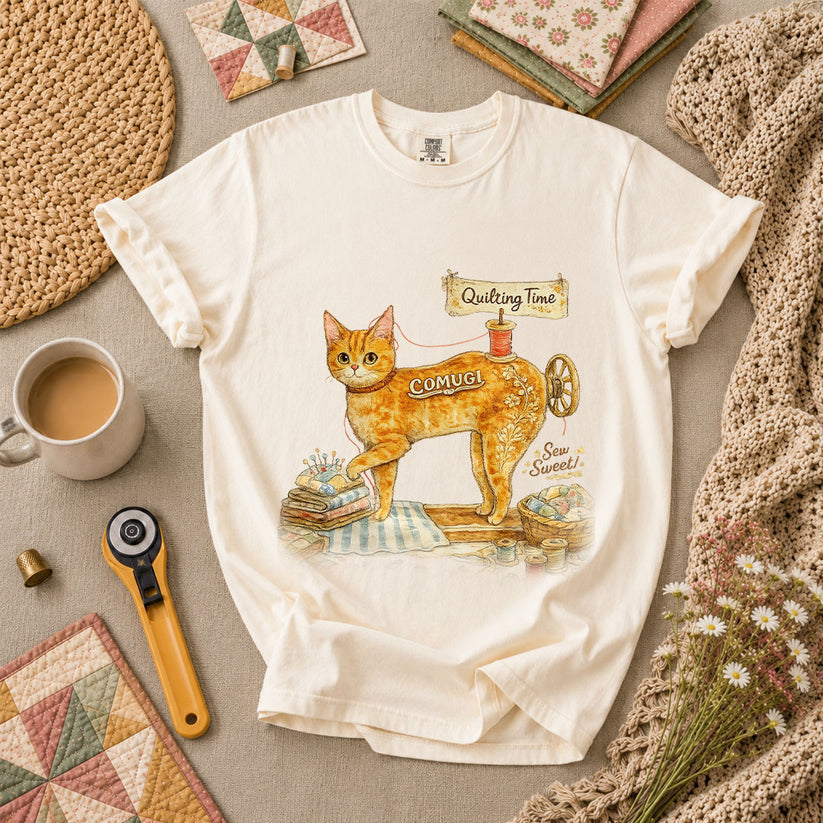 Quilting Time Sew Sweet Cat Machine T-Shirt - Ivory
