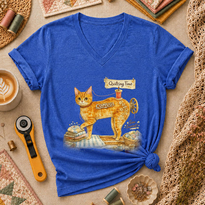 Quilting Time Sew Sweet Cat Machine Women's V-Neck - Heather True Royal
