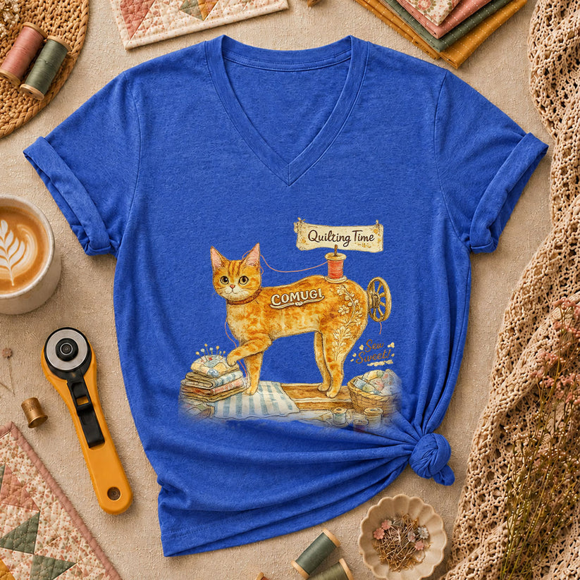 Quilting Time Sew Sweet Cat Machine Women's V-Neck - Heather True Royal