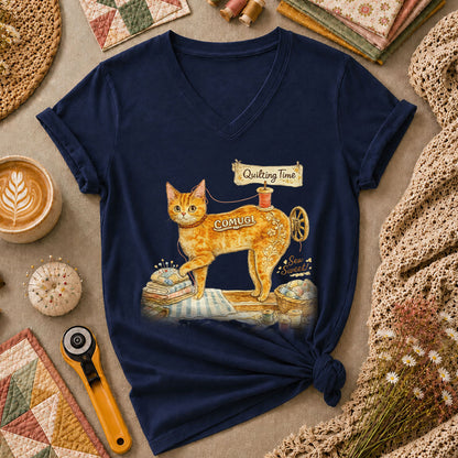 Quilting Time Sew Sweet Cat Machine Women's V-Neck - Navy