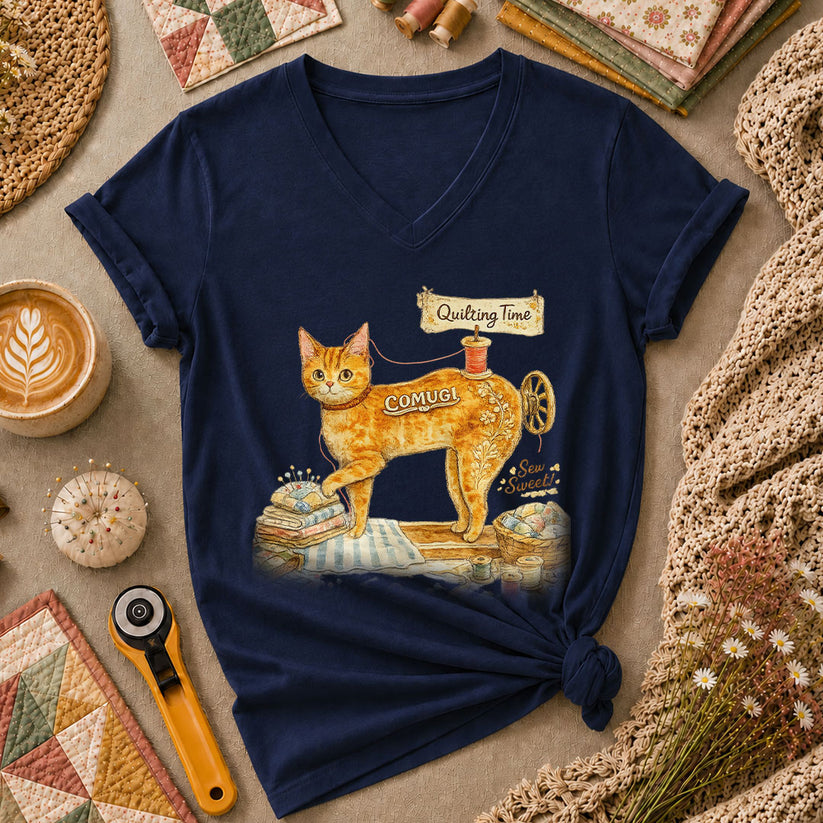 Quilting Time Sew Sweet Cat Machine Women's V-Neck - Navy