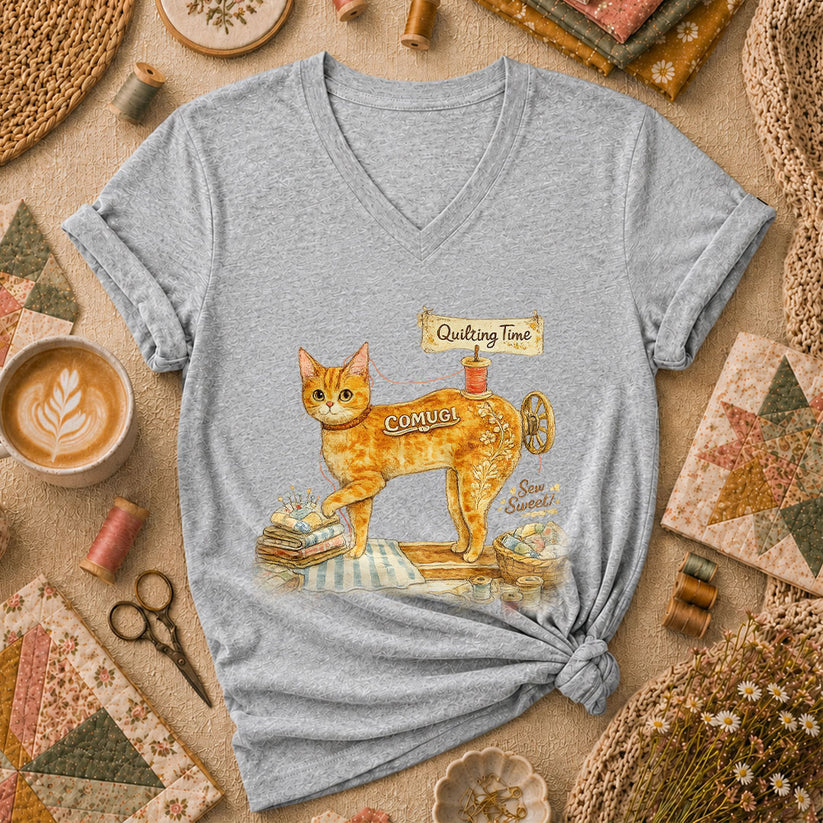 Quilting Time Sew Sweet Cat Machine Women's V-Neck - Sport Grey