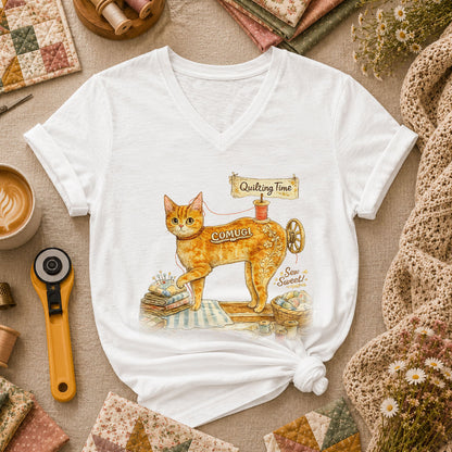 Quilting Time Sew Sweet Cat Machine Women's V-Neck - White
