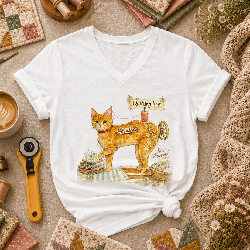 Quilting Time Sew Sweet Cat Machine Women's V-Neck - White