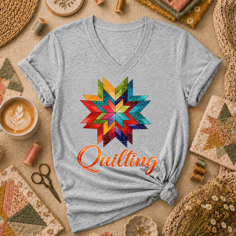 Quilting Typography Vintage Women's V-Neck - Athletic Heather