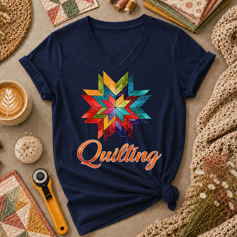 Quilting Typography Vintage Women's V-Neck - Navy
