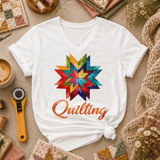 Quilting Typography Vintage Women's V-Neck - White
