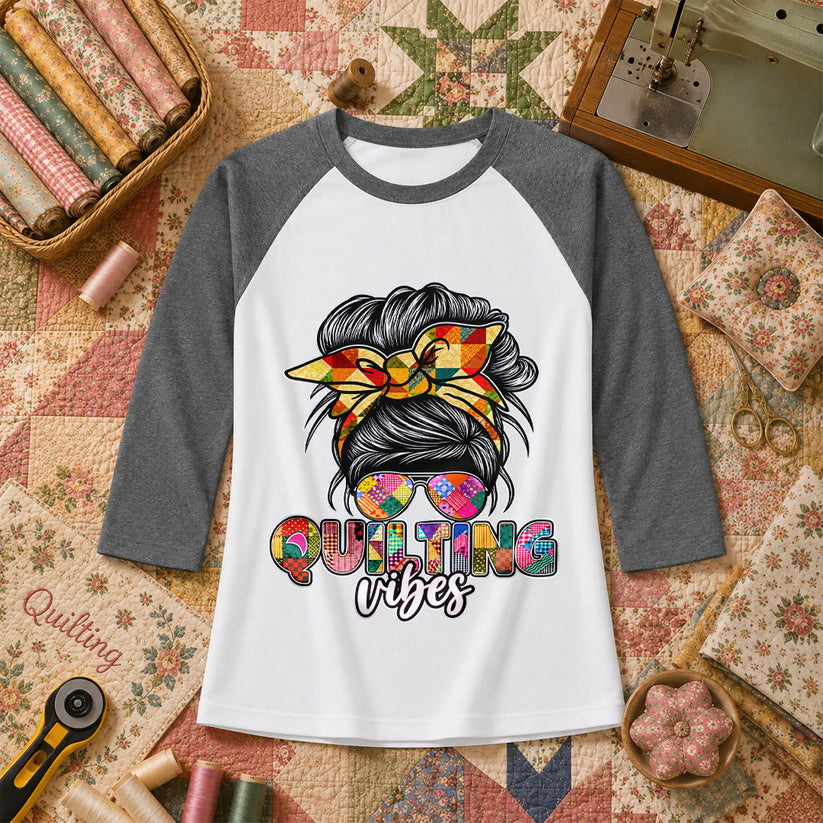 Quilting Vibes Typography Raglan Sleeve - Deep Heather