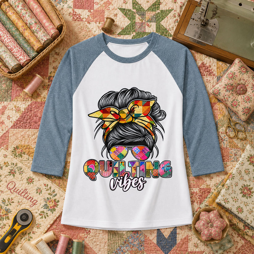 Quilting Vibes Typography Raglan Sleeve - Denim