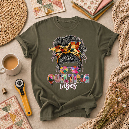 Quilting Vibes Typography T-Shirt - Military Green