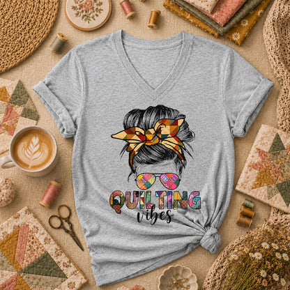 Quilting Vibes Typography Women's V-Neck - Athletic Heather