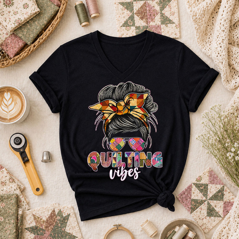 Quilting Vibes Typography Women's V-Neck - Black