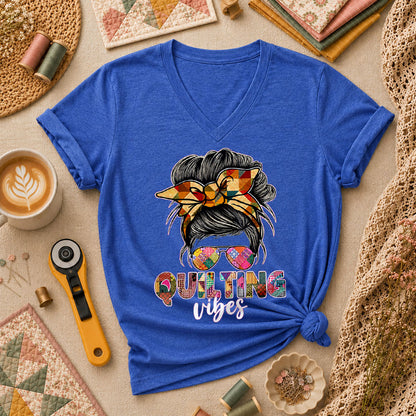Quilting Vibes Typography Women's V-Neck - Heather True Royal