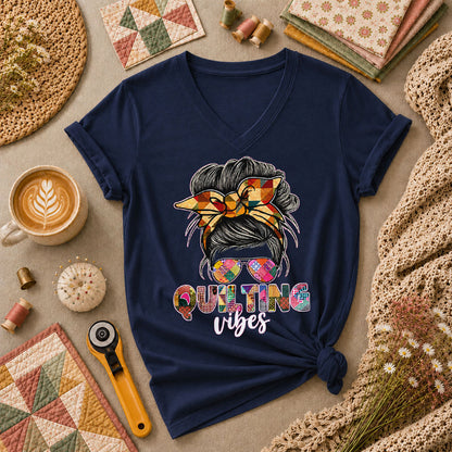 Quilting Vibes Typography Women's V-Neck - Navy