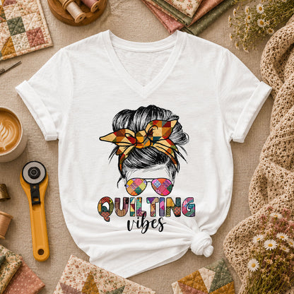 Quilting Vibes Typography Women's V-Neck - White