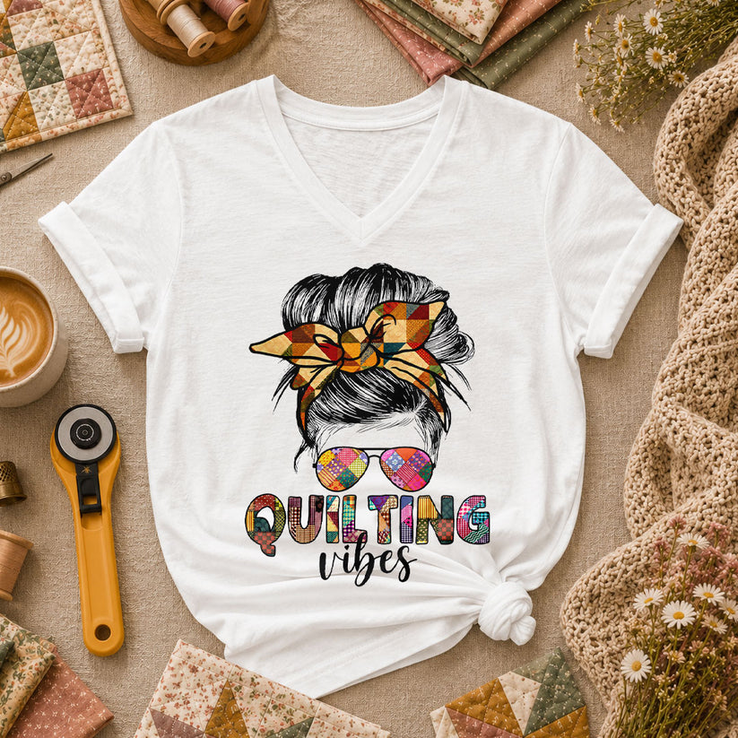 Quilting Vibes Typography Women's V-Neck - White