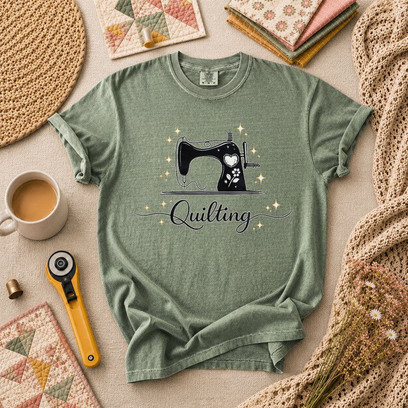Quilting Vintage Sewing Machine Sparkle T-Shirt - Forest Green