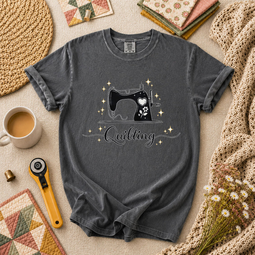Quilting Vintage Sewing Machine Sparkle T-Shirt - Grey