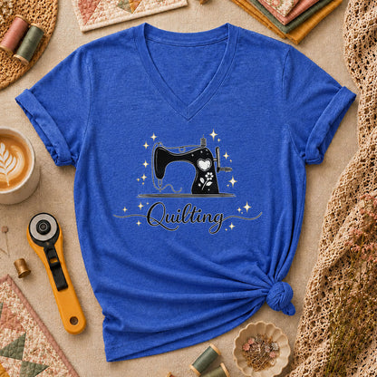 Quilting Vintage Sewing Machine Sparkle Women's V-Neck - Heather True Royal