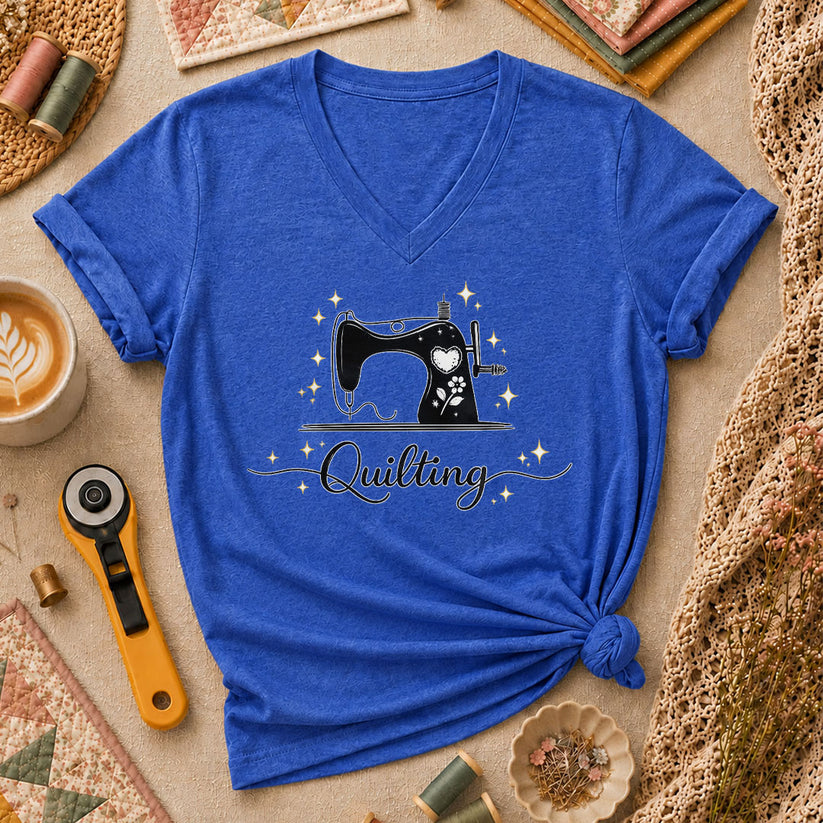 Quilting Vintage Sewing Machine Sparkle Women's V-Neck - Heather True Royal