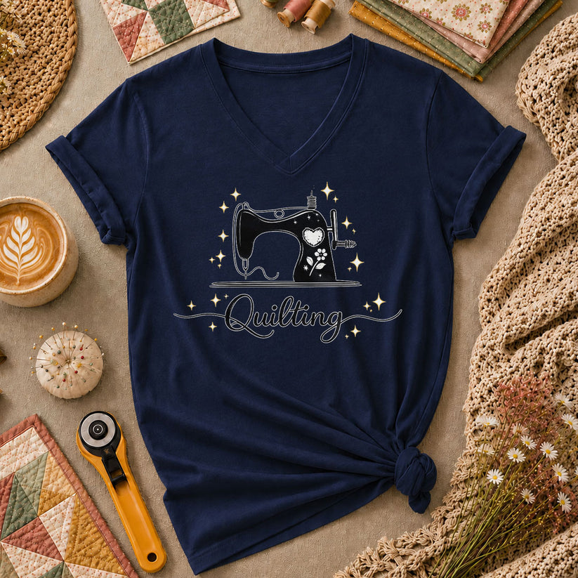 Quilting Vintage Sewing Machine Sparkle Women's V-Neck - Navy