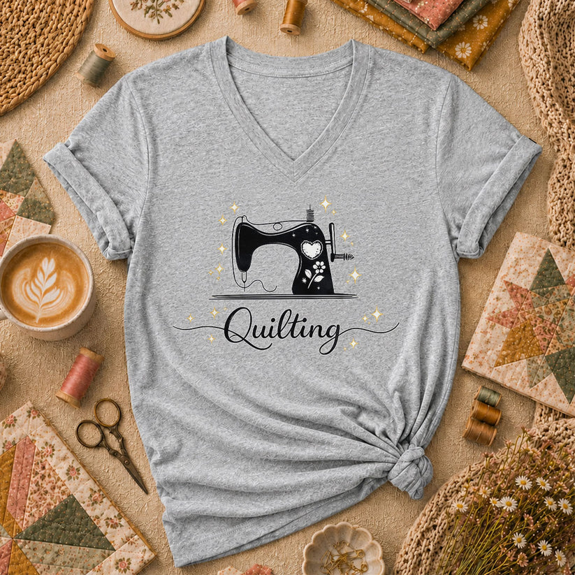 Quilting Vintage Sewing Machine Sparkle Women's V-Neck - Sport Grey