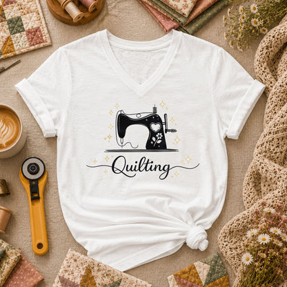 Quilting Vintage Sewing Machine Sparkle Women's V-Neck - White