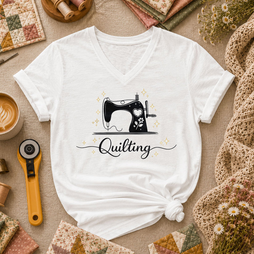 Quilting Vintage Sewing Machine Sparkle Women's V-Neck - White