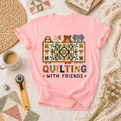 Quilting With Friends T-Shirt - Pink