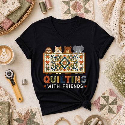 Quilting With Friends Women's V-Neck - Black