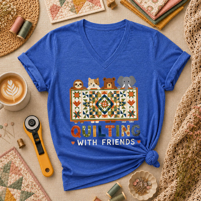 Quilting With Friends Women's V-Neck - Heather True Royal