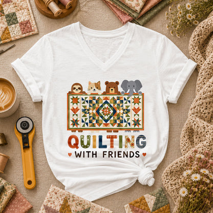Quilting With Friends Women's V-Neck - White