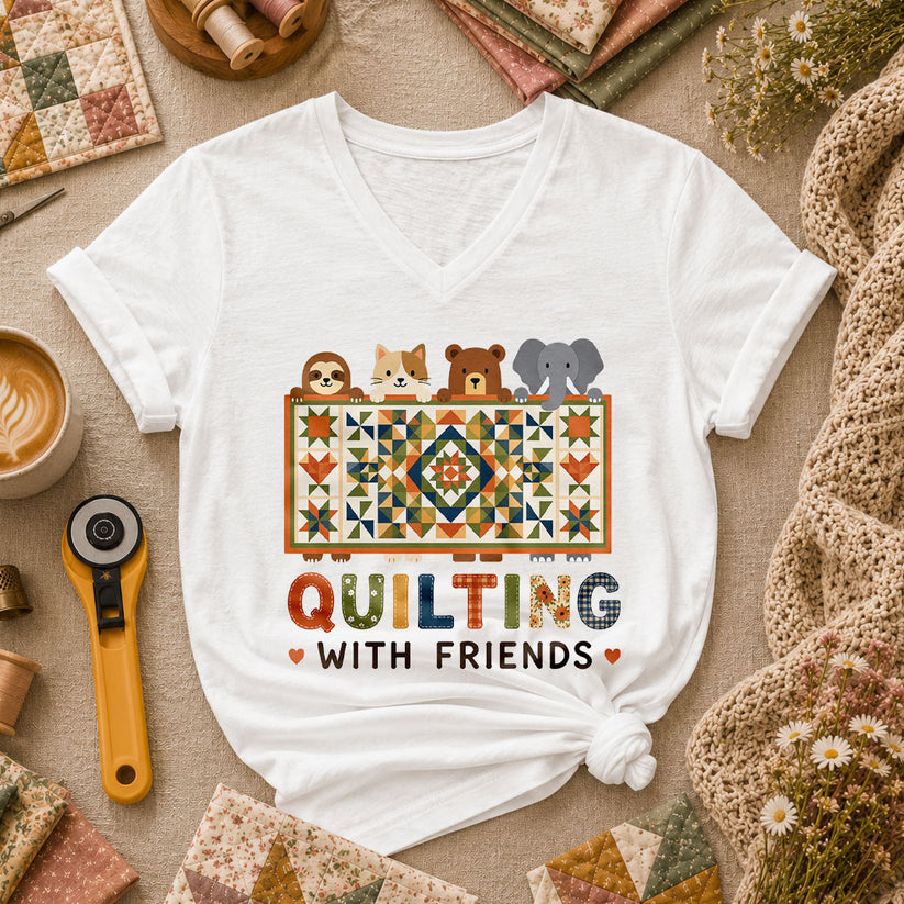 Quilting With Friends Women's V-Neck - White